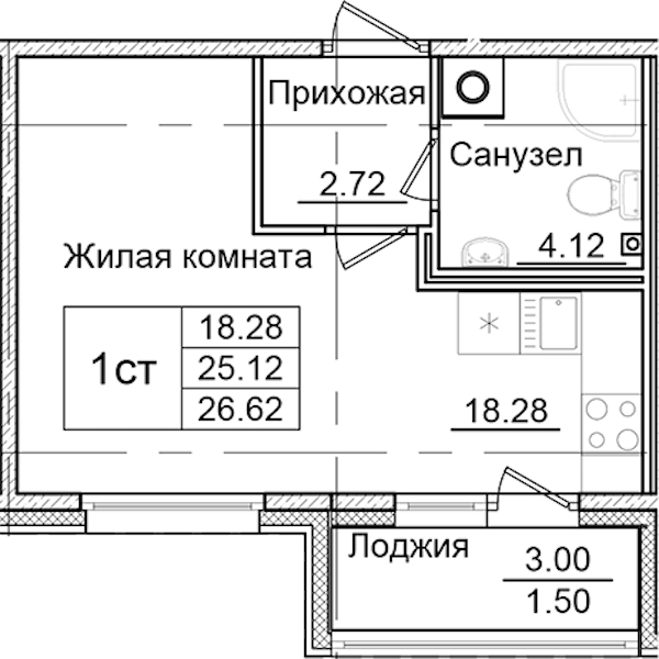 Квартира студия 26.62 м², 2/9 эт., ЖК «Квартал Заречье»